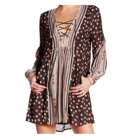 Free People Rain Or Shine Tunic Dress Poppy Combo Black Floral Longsleeve Boho M - Picture 1 of 10